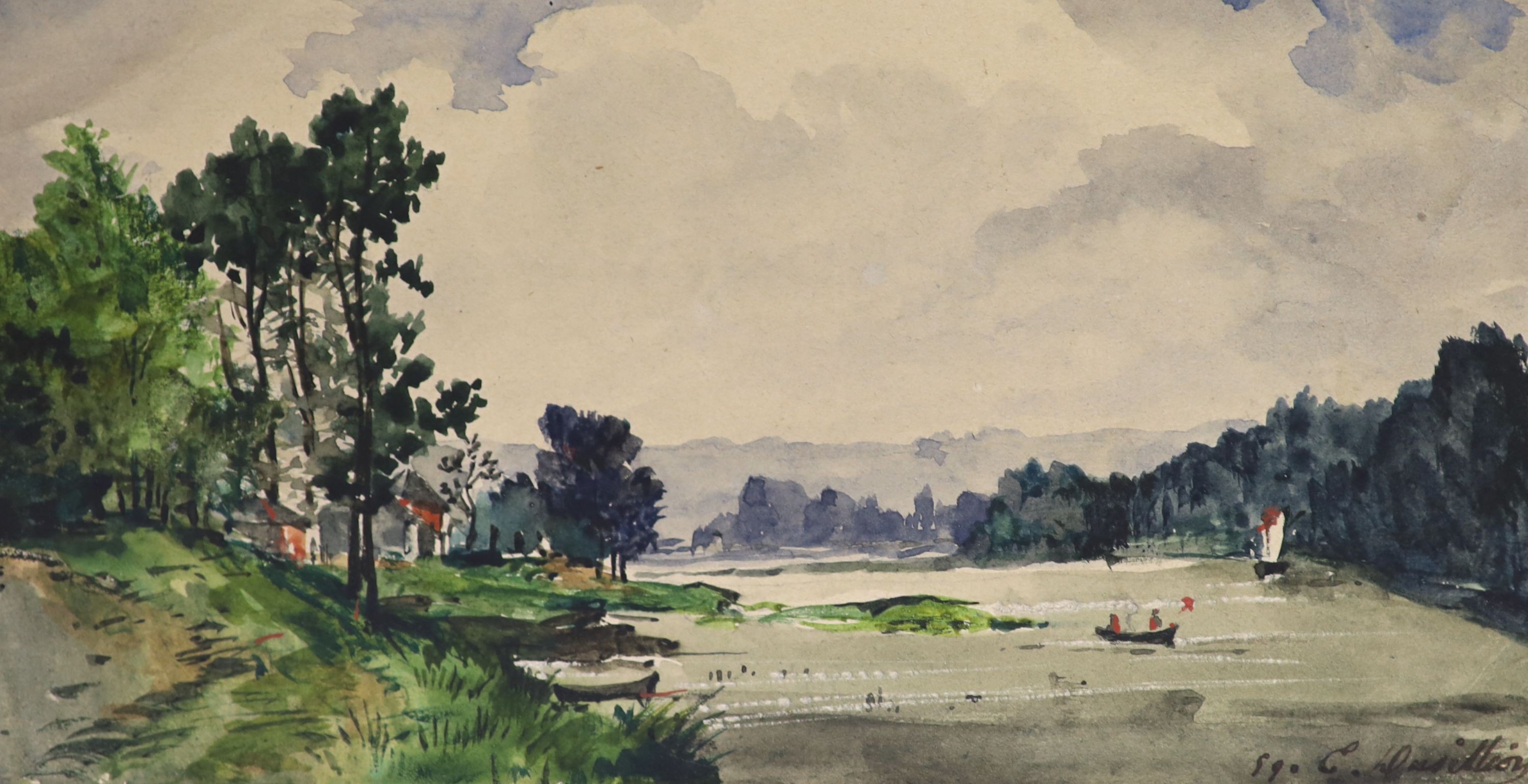 E. Dusillion (French Architect), watercolour, River landscape, signed and dated 1859, 8 x 15cm, unframed